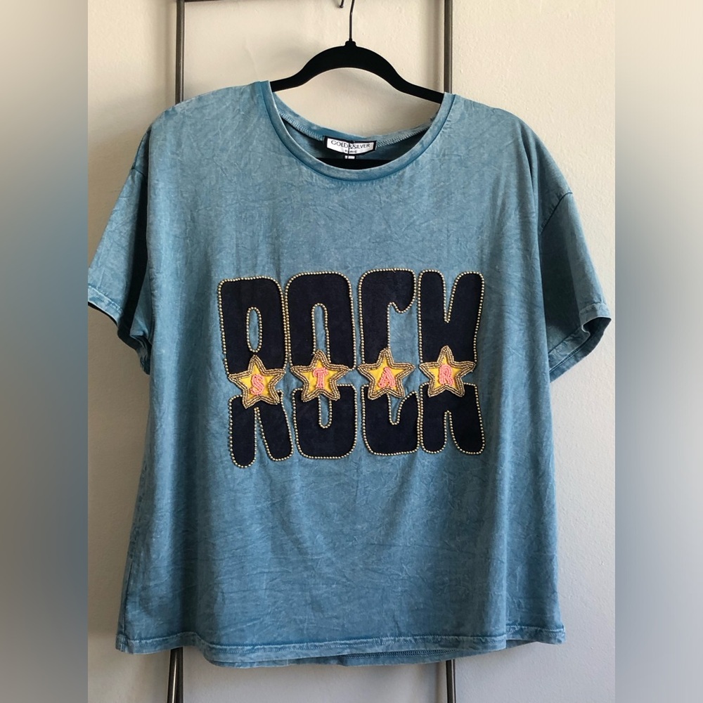Gold & Silver Paris Heathered Green/Blue Beaded ROCK STAR BEADED Crop TShirt M/L